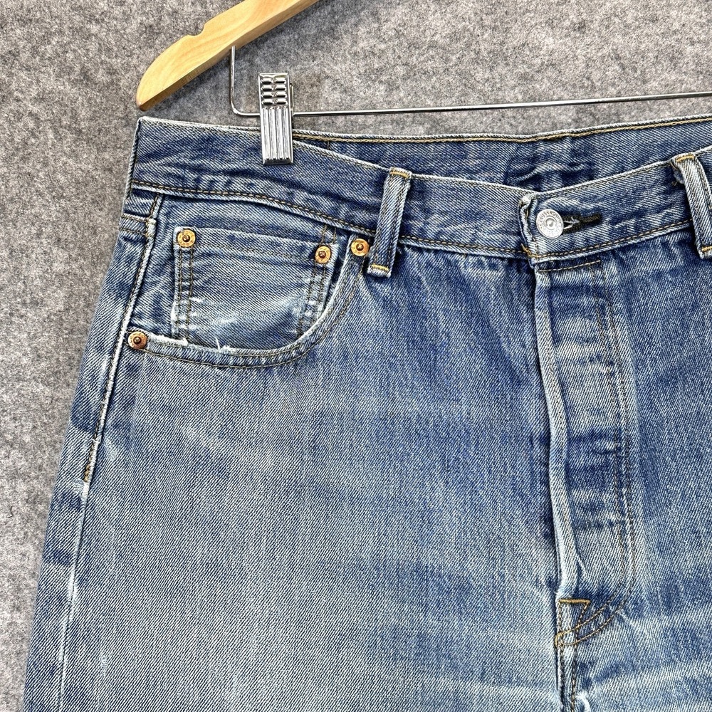Levis 501 Jeans Mens 36x30 Light Blue Denim Straight Leg Button Fly Distressed - Picture 2 of 11